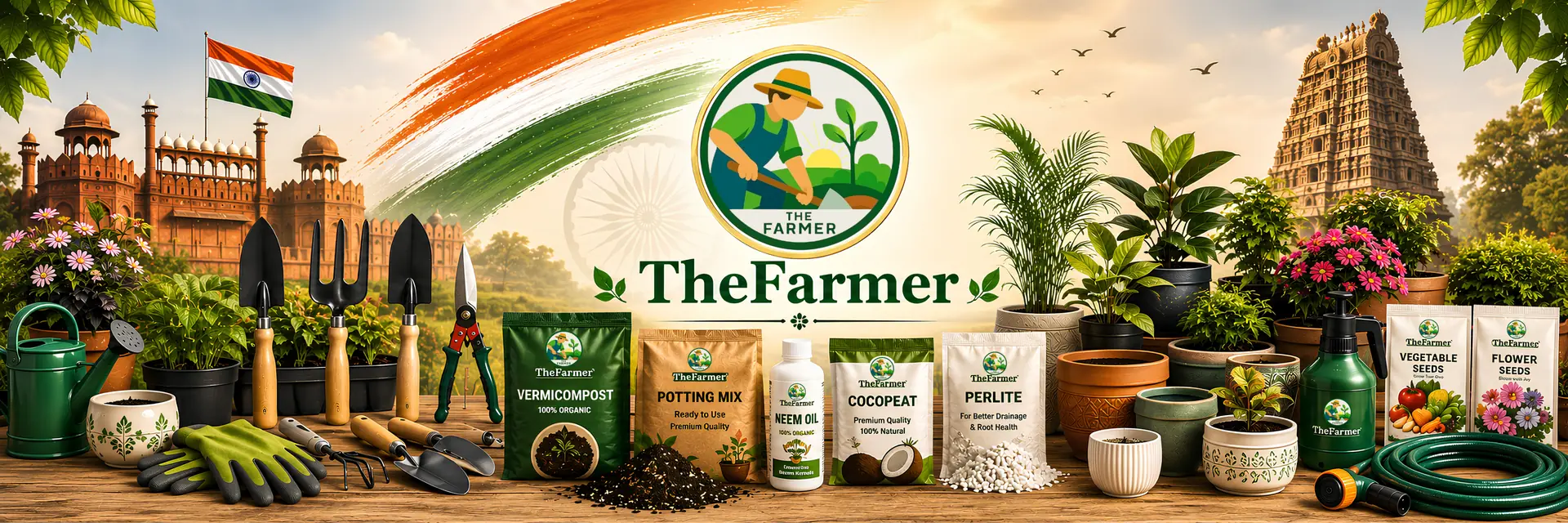 TheFarmer Independence Day banner with garden tools, plants, and the Indian flag