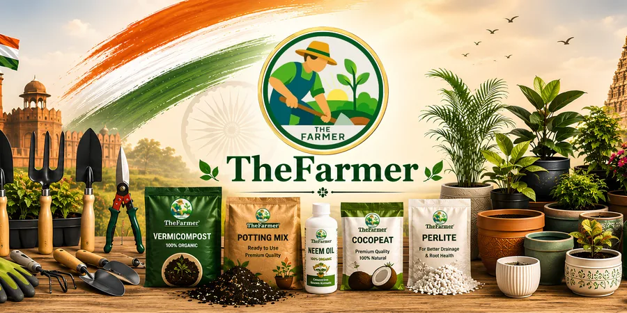 TheFarmer Independence Day banner with garden tools, plants, and the Indian flag